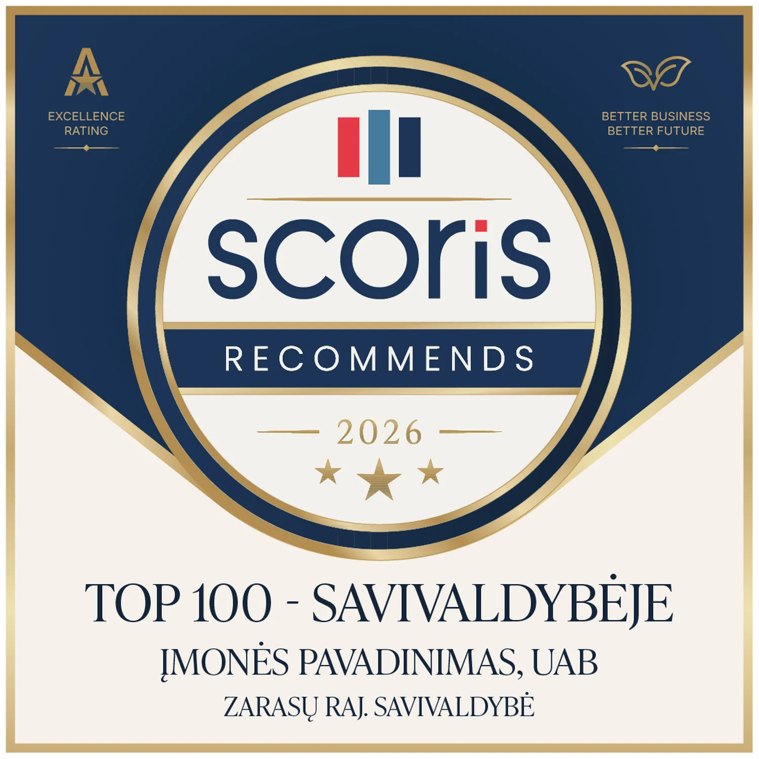 Scoris TOP 100 savivaldybėje 2026 nominacijos ženklas
