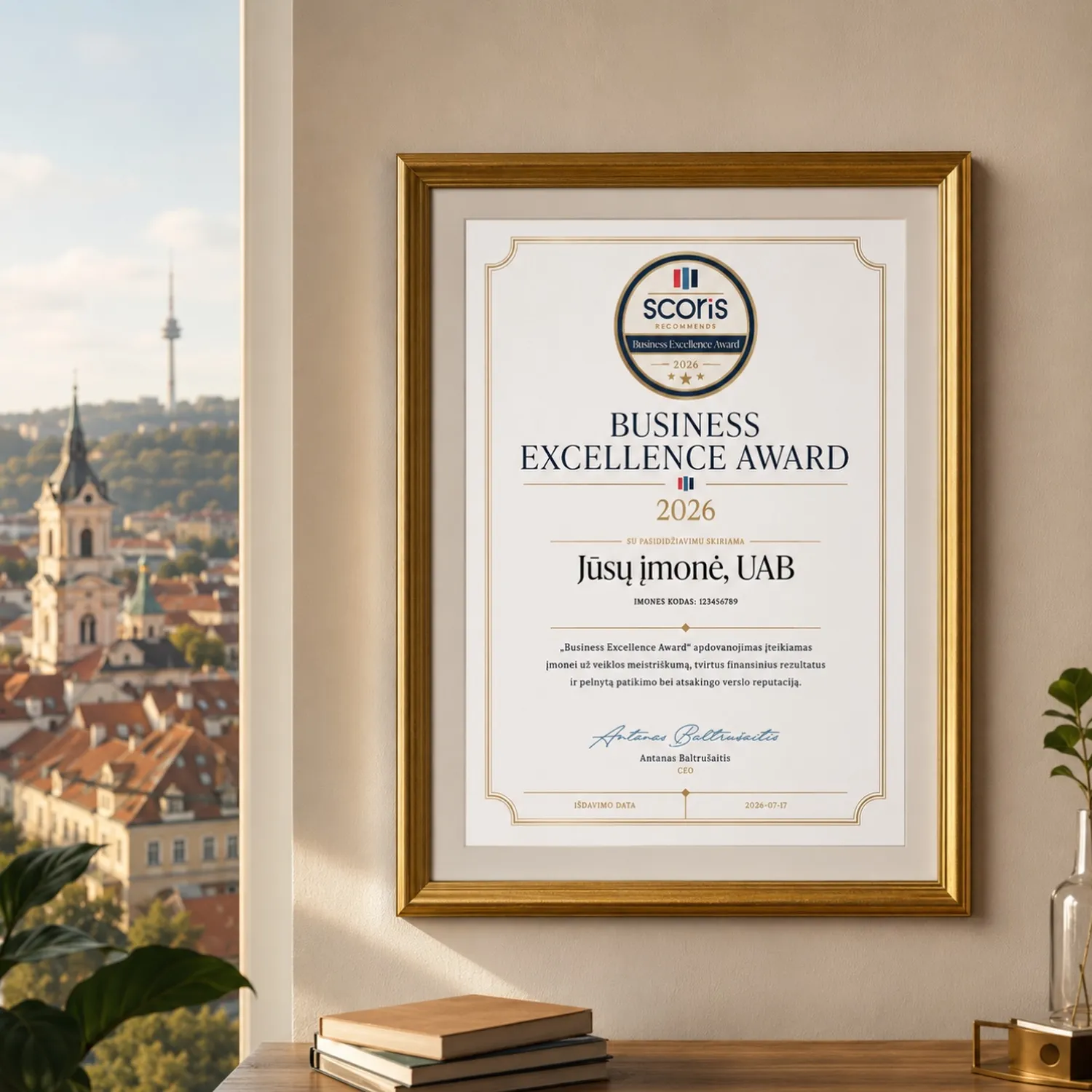 Įrėmintas „Business Excellence Award 2026“ sertifikatas